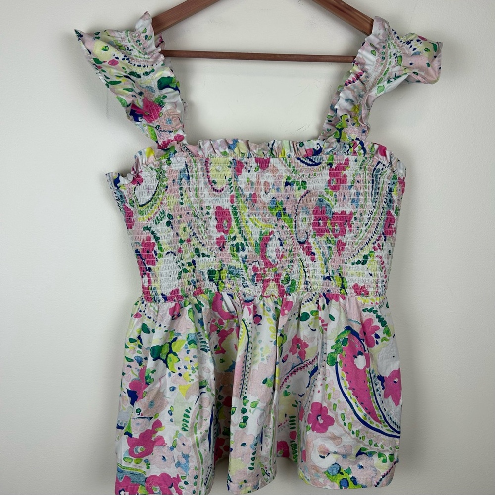 Crown & Ivy Cotton Floral Smocked Top sz XL Cottagecore Boho Preppy Fairy